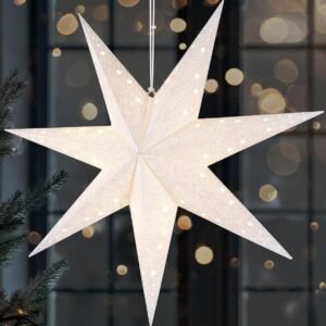 RUBAKER LED Kerstster om op te Hangen - 60 cm Papieren Ster met 7 Punten - 3D Adventsster - Werkt op Batterijen, Hangend en Verlicht - Raamdecoratie Lichtster - Wit