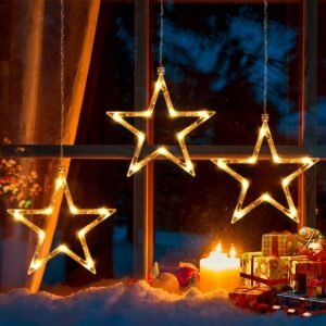 Raamdecoratie 3 Sterren Warm Wit met Batterij 30 LEDs 1M + 0,6M Ster Kerstdecoratie voor Raam Balkon en Feest Inclusief 4 Naadloze Plakhaakjes LED Sterren voor Binnen en Buiten Energieklasse F