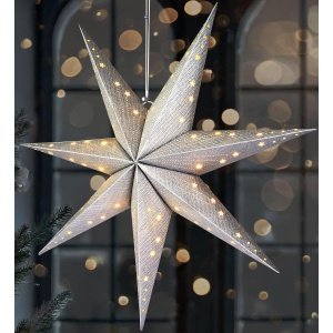 BRUBAKER LED Kerstster om op te Hangen - 60 cm Papieren Ster met 7 Punten - 3D Adventsster - Werkt op Batterijen, Hangend en Verlicht - Raamdecoratie Lichtster - Zilver