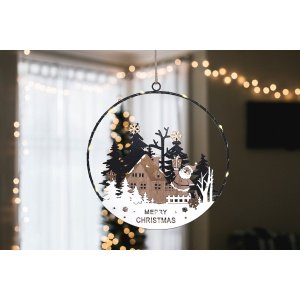 Raamdecoratie kerstlandschap "Santa" met 10 LEDs - ⌀25 cm