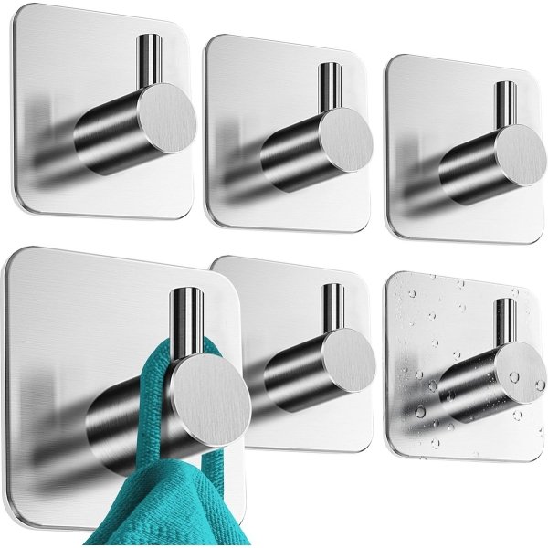 Set van 6 Zelfklevende Handdoekhaken - Roestvrij Staal - Geen Boren Benodigd - Badkameraccessoires