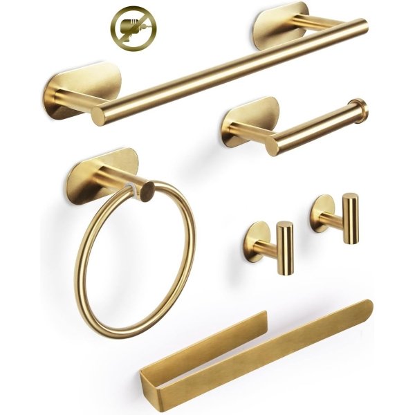 Luvetrex ® 6-delige set handdoekhouders voor in de badkamer, toiletrolhouder, 2 x handdoekhaken, 2 x handdoekring, zelfklevende badkameraccessoires, wandmontage voor badkamer, keuken, kantoor (goud)