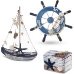 Maritieme badkamerdecoratie set van 3 - stuurwiel, zeilschip en schatkist van hout - liefdevol vormgegeven badkameraccessoires met details (design 2-4)