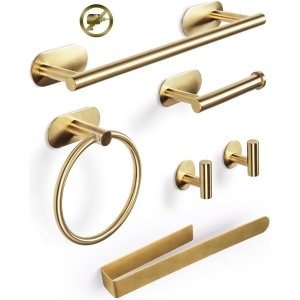 Luvetrex ® 6-delige set handdoekhouders voor in de badkamer, toiletrolhouder, 2 x handdoekhaken, 2 x handdoekring, zelfklevende badkameraccessoires, wandmontage voor badkamer, keuken, kantoor (goud)